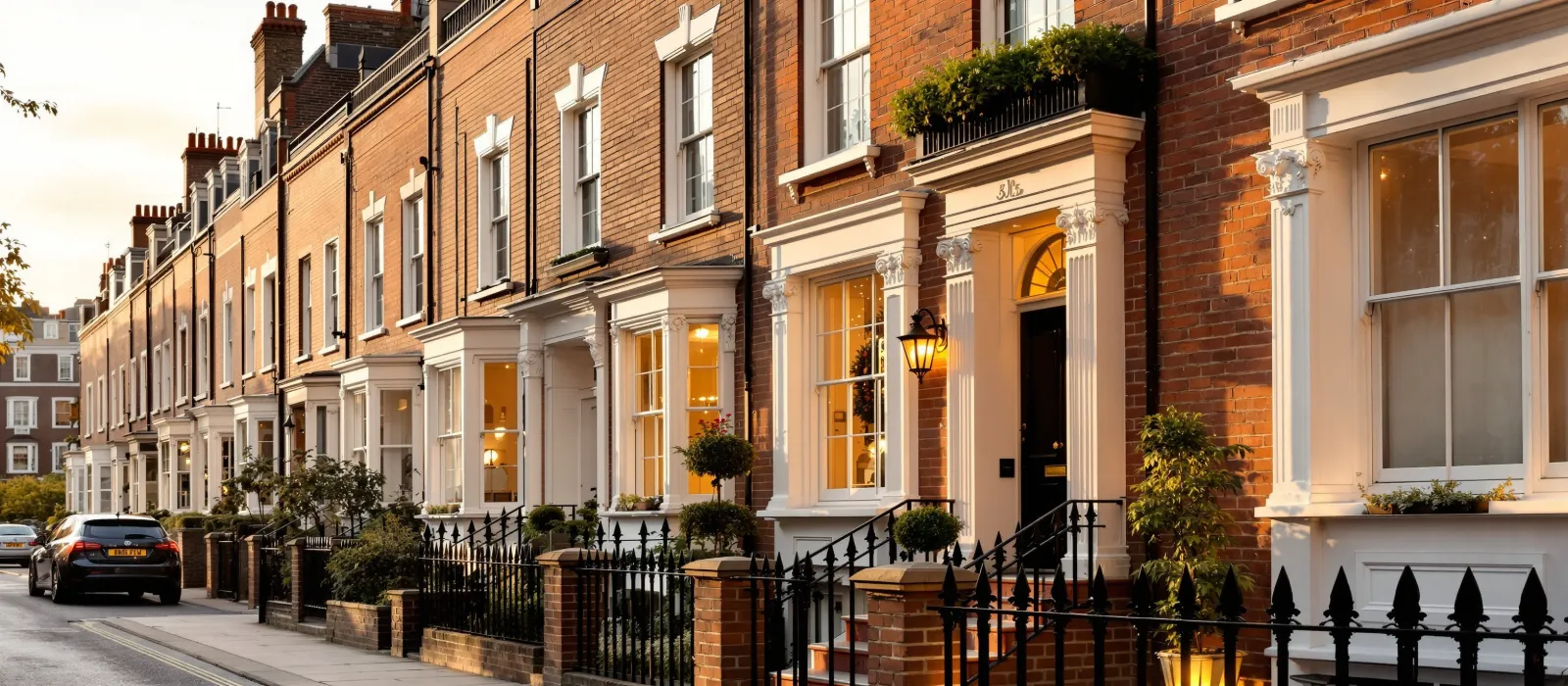 Premium London Victorian townhouse with modern sliding glass doors on a charming residential street in golden hour light